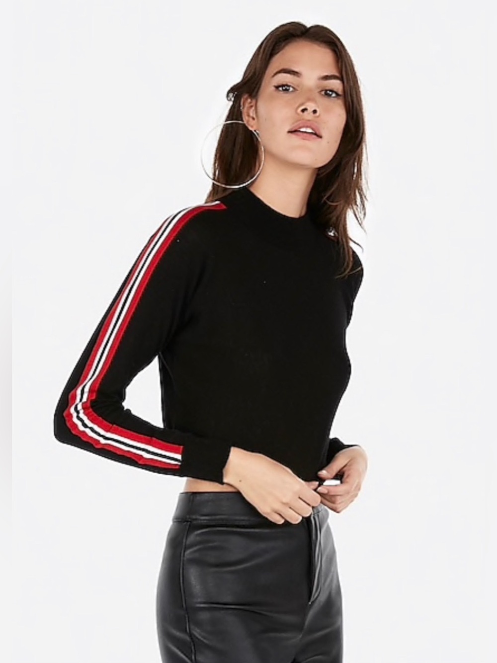 Express Black Long-Sleeve Jersey with Red and White Stripe Detail